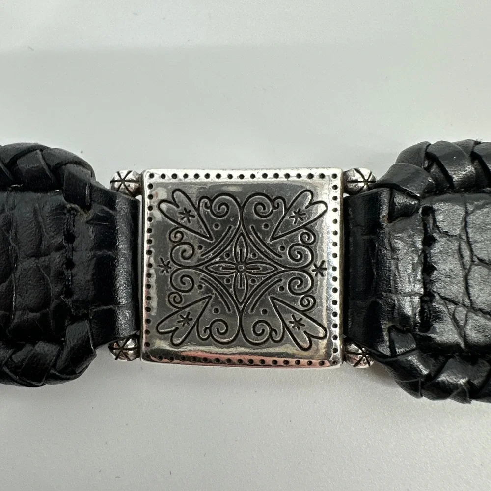 Vtg Brighton Black Leather Croc Embossed Braided Western Belt Heart Buckle XL 36